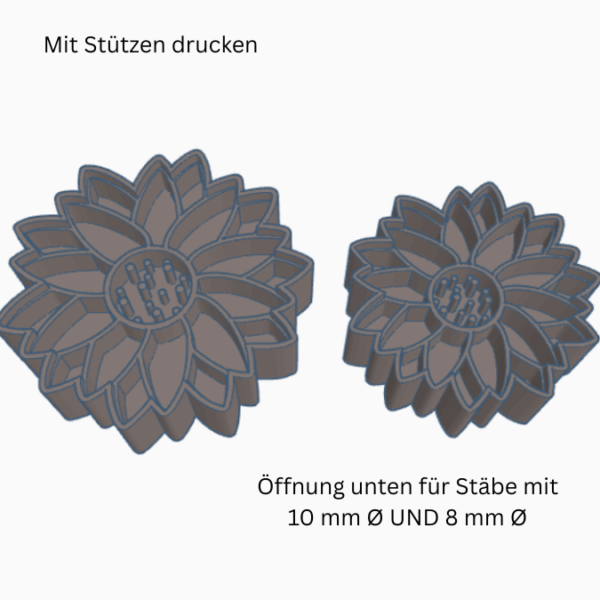 STL 3D Druck Datei Insektentränke Blume in 2 Größen jeweils für 8mm und 10mm Stäbe Bienentränke Schmetterlingtränke Garten Beet Blumentopf 3D-Druck Datei – Bild 2