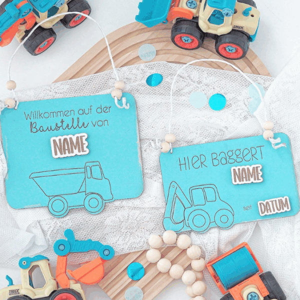 SVG Laserdatei 4er Set personalisierbare Schilder Baustelle Baustellenfahrzeuge Kinderzimmerdeko Türschild SVG-Datei – Bild 3