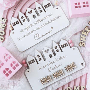 SVG Laserdatei 4 Designs Tütschild Aufhänger Hereinspaziert Tür Deko Wanddeko Willkommen Häuser personalisierbar SVG Datei