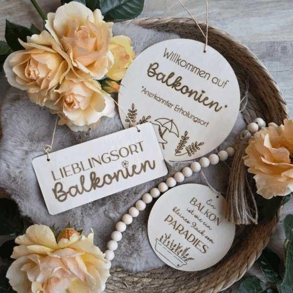 SVG Laserdatei 4er Set Holzscheiben Balkon Balkonien Lieblingsplatz Blumen Gravur SVG Datei – Bild 6