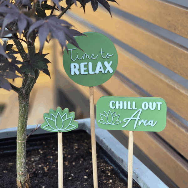 STL 3D Druck Datei Gartenstecker 3er Set Relax Chill out area Lotusblume Statement Gartenliebe Beetstecker Pflanzenstecker für 8mm & 10mm Stäbe