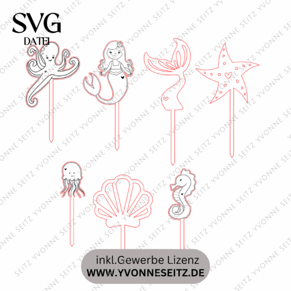 SVG Laserdatei Caketopper Geburtstag Meerjungfrau Mermaid Ocean Meer Muscheln Unterwasserwelt Kuchenstecker Pflanzenstecker SVG Datei – Bild 2