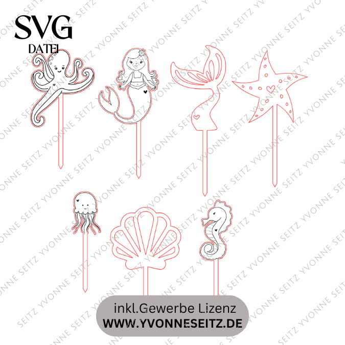 SVG Laserdatei Caketopper Geburtstag Meerjungfrau Mermaid Ocean Meer Muscheln Unterwasserwelt Kuchenstecker Pflanzenstecker SVG Datei – Bild 2