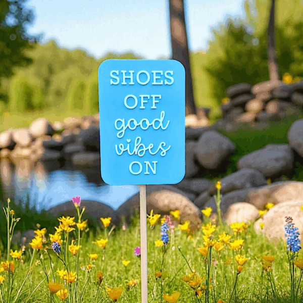 3D Druck Datei STL Gartenstecker u. Schild zum aufhängen "Shoes Off Good vibes on" Statement Beetstecker Pflanzenstecker für 8mm & 10mm Stab – Bild 3