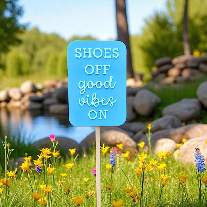 3D Druck Datei STL Gartenstecker u. Schild zum aufhängen "Shoes Off Good vibes on" Statement Beetstecker Pflanzenstecker für 8mm & 10mm Stab – Bild 3