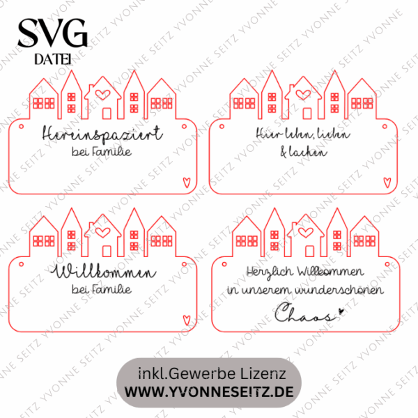 SVG Laserdatei 4 Designs Tütschild Aufhänger Hereinspaziert Tür Deko Wanddeko Willkommen Häuser personalisierbar SVG Datei – Bild 2