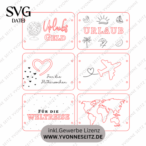 SVG Laserdatei Urlaub Reise Flitterwochen Hochzeit Geldgeschenk Verpackung für Geld 6 Designs Gutscheinkarten SVG-Datei – Bild 2