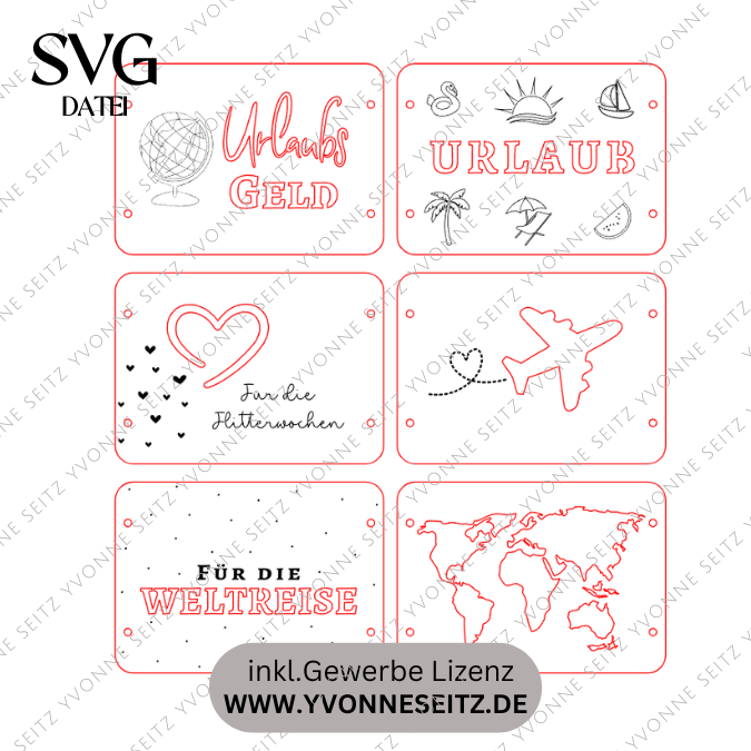 SVG Laserdatei Urlaub Reise Flitterwochen Hochzeit Geldgeschenk Verpackung für Geld 6 Designs Gutscheinkarten SVG-Datei – Bild 2