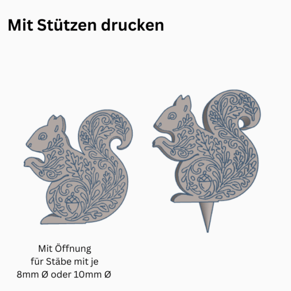 STL 3D Druck Datei Herbst Eichhörnchen Gartenstecker für 8mm & 10mm Stäbe UND Erdsstecker Pflanzen Outdoor Deko Beetstecker Pflanzenstecker – Bild 2