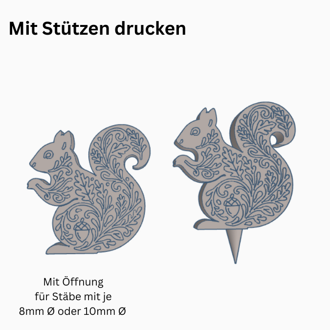 STL 3D Druck Datei Herbst Eichhörnchen Gartenstecker für 8mm & 10mm Stäbe UND Erdsstecker Pflanzen Outdoor Deko Beetstecker Pflanzenstecker – Bild 2