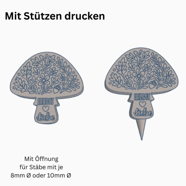 STL 3D Druck Datei Herbst Pilz Gartenstecker für 8mm & 10mm Stäbe UND Erdsstecker Pflanzen Outdoor Deko Beetstecker Pflanzenstecker – Bild 2