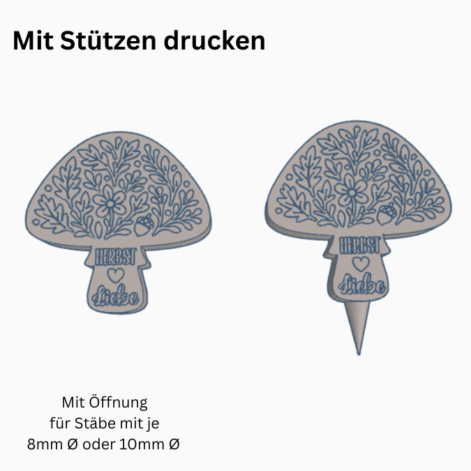 STL 3D Druck Datei Herbst Pilz Gartenstecker für 8mm & 10mm Stäbe UND Erdsstecker Pflanzen Outdoor Deko Beetstecker Pflanzenstecker – Bild 2