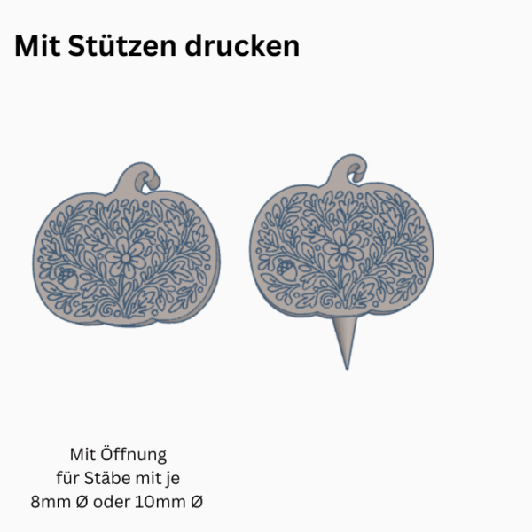 STL 3D Druck Datei Herbst Kürbis Gartenstecker für 8mm & 10mm Stäbe UND Erdsstecker Pflanzen Outdoor Deko Beetstecker Pflanzenstecker – Bild 2