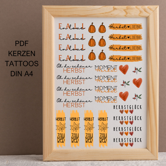 Herbst bunt PDF Kerzen Tattoo Vorlage A4 Kerzentattoos zum selber drucken Kerzensticker DIGITALE DATEI Kerzenfolie Kerzenvorlage