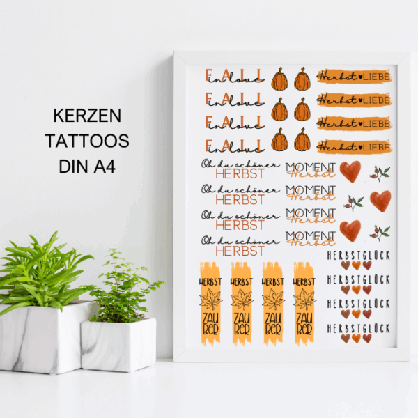 Herbst bunt PDF Kerzen Tattoo Vorlage A4 Kerzentattoos zum selber drucken Kerzensticker DIGITALE DATEI Kerzenfolie Kerzenvorlage
