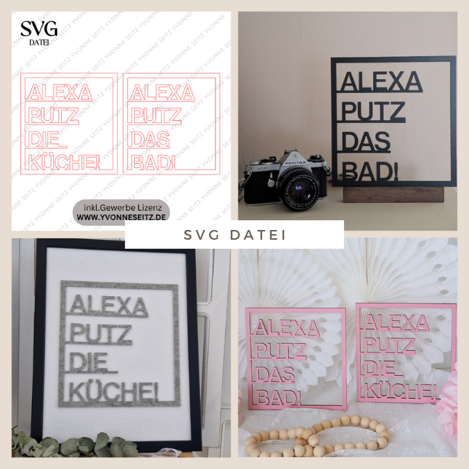 SVG Laserdatei Wanddeko Wandbilder Wandbild Rahmen ALEXA putz das Bad & Alexa putz die Küche SVG Datei
