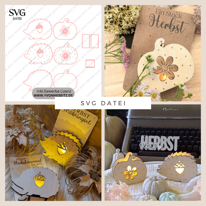 SVG Laser Herbst Datei Minis für Lichtkugeln LED Licht Igel Kürbis Boho Skandi Herbstin der Tüte geschenkidee Laserdatei SVG Datei