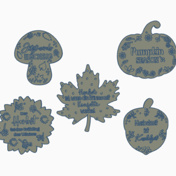 STL 3D Druck Datei Herbst 5 Designs Anhänger Kürbis Pilz Eichel Blatt Ahorn Herbstmomente Herbstdatei Wanddeko Geschenkanhänger Sonnenfänger – Bild 5