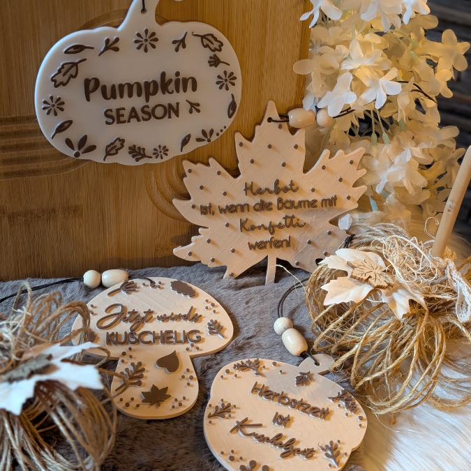 STL 3D Druck Datei Herbst 5 Designs Anhänger Kürbis Pilz Eichel Blatt Ahorn Herbstmomente Herbstdatei Wanddeko Geschenkanhänger Sonnenfänger