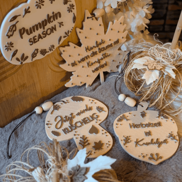 STL 3D Druck Datei Herbst 5 Designs Anhänger Kürbis Pilz Eichel Blatt Ahorn Herbstmomente Herbstdatei Wanddeko Geschenkanhänger Sonnenfänger – Bild 2