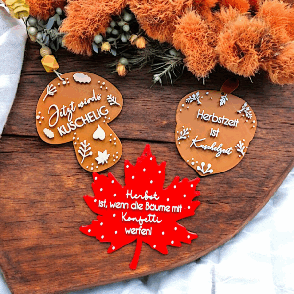 STL 3D Druck Datei Herbst 5 Designs Anhänger Kürbis Pilz Eichel Blatt Ahorn Herbstmomente Herbstdatei Wanddeko Geschenkanhänger Sonnenfänger – Bild 3