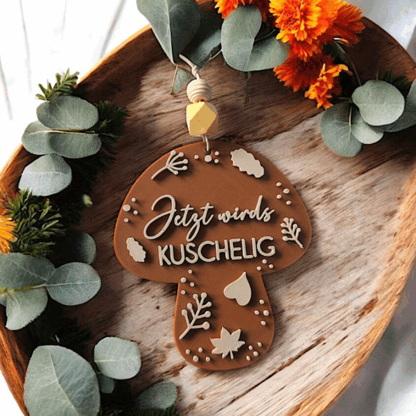 STL 3D Druck Datei Herbst 5 Designs Anhänger Kürbis Pilz Eichel Blatt Ahorn Herbstmomente Herbstdatei Wanddeko Geschenkanhänger Sonnenfänger – Bild 4