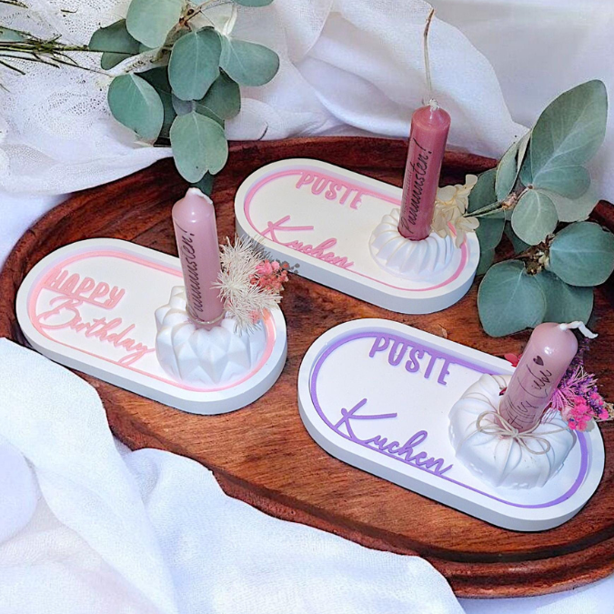 STL 3D Druck Datei 8er Set Geburtstag Einleger für ovale Dekoteller Happy Birthday Alles Liebe Pustekuchen 3D-Datei 3D-Druck Vorlage