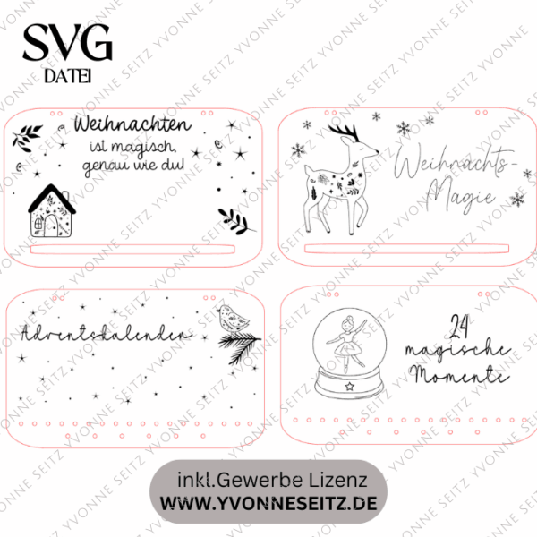 4 Designs Adventskalender SVG Laser Datei Skandi für Kinder und Erwachsene Boho Scandi Kalender Diy Balerina Vogel  Weihnachtshäuschen Haus Schneekugel – Bild 2