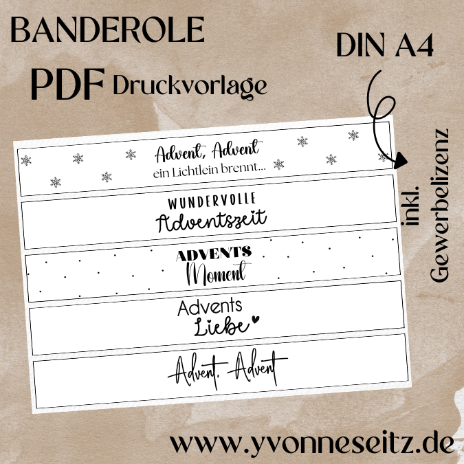 PRINT Druckvorlage PDF Banderole mit 5 Designs - Advent - A4 Printable PDF Datei zum selber drucken