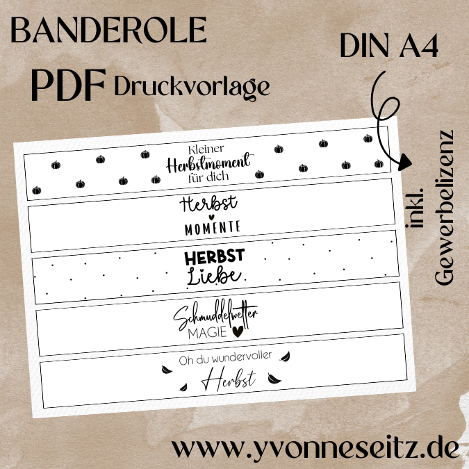 PRINT Druckvorlage PDF Banderole mit 5 Designs - Herbst - A4 Printable PDF Datei zum selber drucken