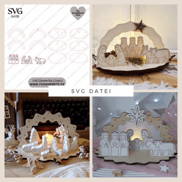 3mm und 4mm Krippe aus Holz mit Figuren zum stecken Kulisse Minikrippe Teller für Krippe SVG Laser Datei Weihnachten Heilige Nacht