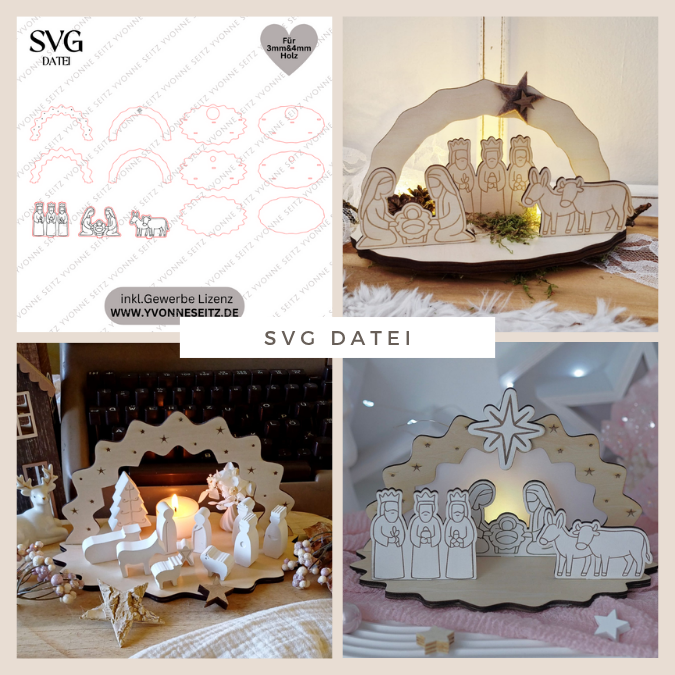 Krippe aus Holz mit Figuren zum stecken 3mm und 4mm Kulisse Minikrippe Teller für Krippe SVG Laser Datei Weihnachten Heilige Nacht
