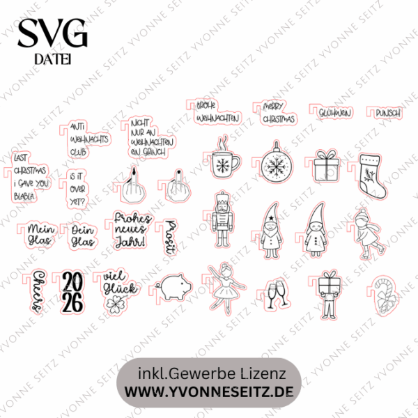 30Designs SVG Laserdatei 6 Glasanhänger Glasmarkierer Anhänger für Gläser und Tassen Weihnachten Silvester Winter Anti-Weihnachten SVG-Datei – Bild 2