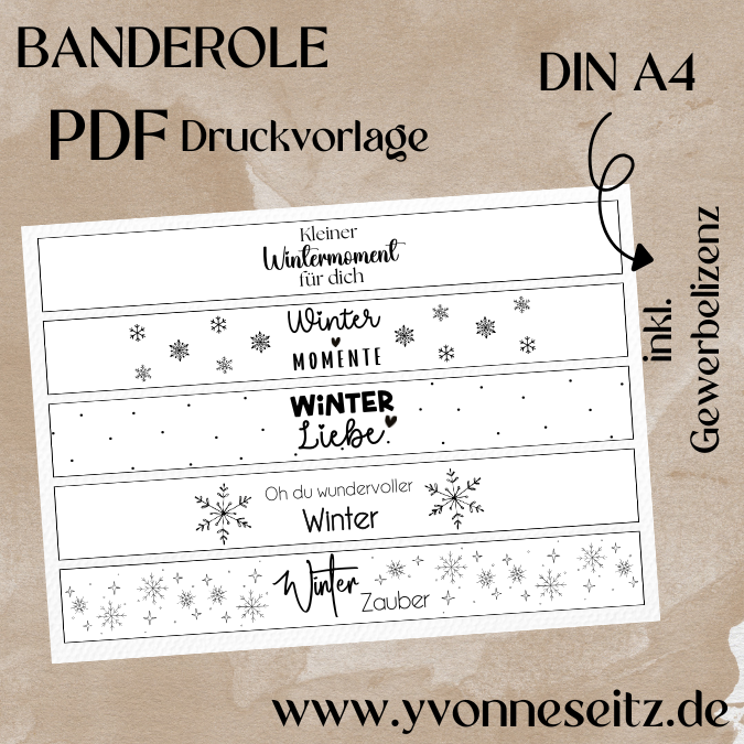 PRINT Druckvorlage PDF Banderole mit 5 Designs - Winter - A4 Printable PDF Datei zum selber drucken