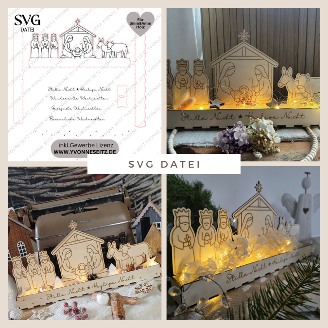 Krippe mit Box zum beleuchten 3mm und 4mm Minikrippe SVG Laser Datei Weihnachten Heilige Nacht Krippenkulisse Weihnachtsdeko Weihnachten