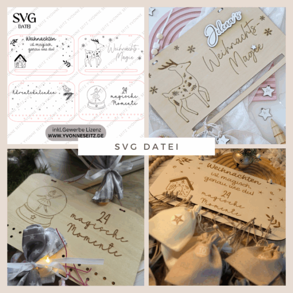 4 Designs Adventskalender SVG Laser Datei Skandi für Kinder und Erwachsene Boho Scandi Kalender Diy Balerina Vogel  Weihnachtshäuschen Haus Schneekugel