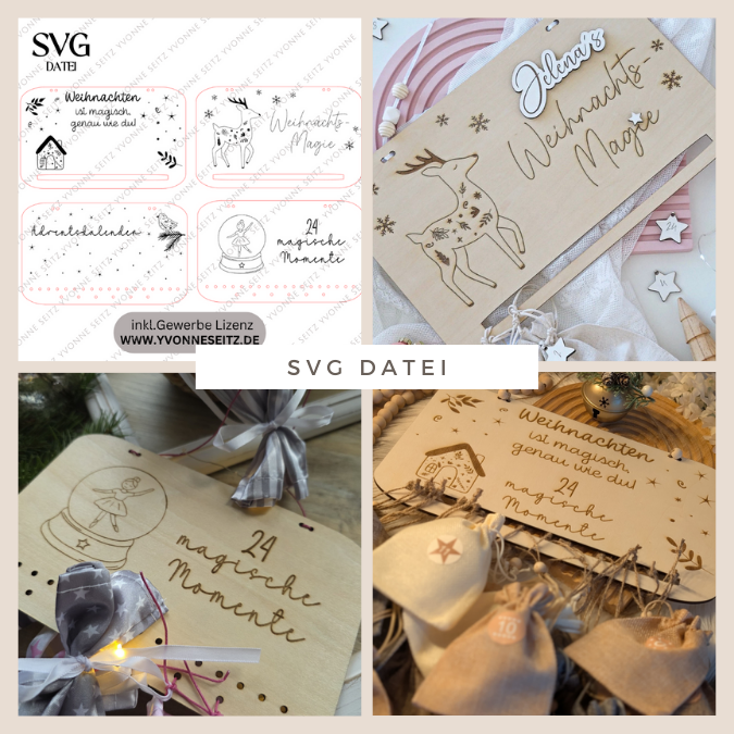 4 Designs Adventskalender SVG Laser Datei Skandi für Kinder und Erwachsene Boho Scandi Kalender Diy Balerina Vogel Weihnachtshäuschen Haus Schneekugel