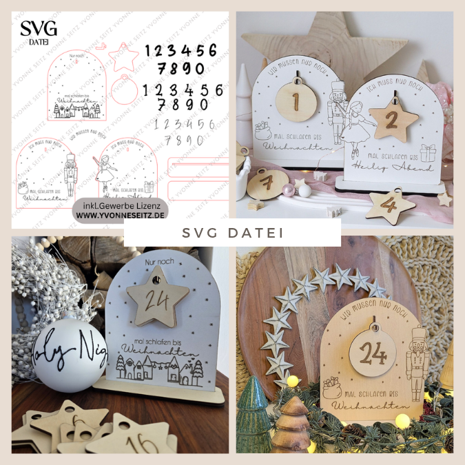 SVG Laser Datei Weihnachten 3 Designs Countdown Weihnachtscountdown Weihnachtstafel 3mm Nussknacker Ballerina Skandi russische Weihnacht
