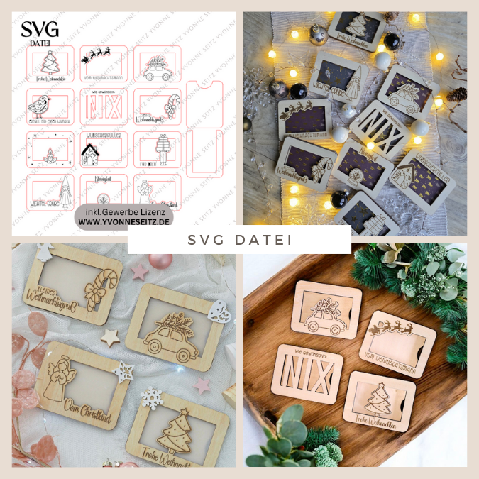 Laserdatei Verpackung für Gutscheinkarten Gutscheine 12 Designs Geld Weihnachten Nikolaus Christkind Geldgeschenk Wunschgutschein SVG Datei