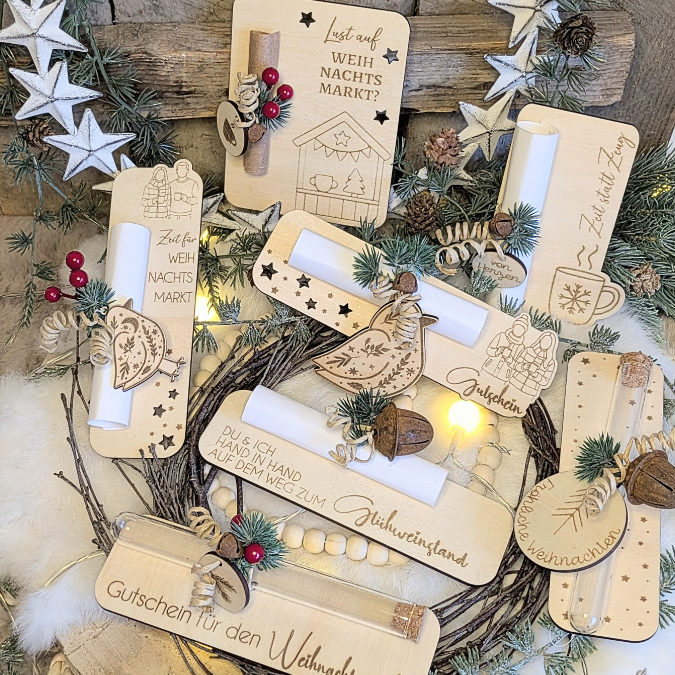 SVG Laserdatei 8 Designs Verpackung für Weihnachtsmarkt Gutscheine Weihnachten Geschenkidee Zeit statt Zeug Winter inkl Anhänger SVG Datei Einladung – Bild 4