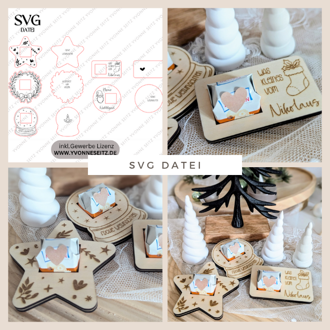 SVG Laserdatei 5 Designs Weihnachten Nikolaus Wichtel Halter für Küsschen Schokolade als Gastgeschenk kleines Mitbringsel SVG Datei