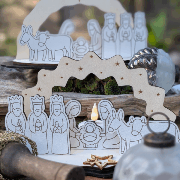 3mm und 4mm Krippe aus Holz mit Figuren zum stecken Kulisse Minikrippe Teller für Krippe SVG Laser Datei Weihnachten Heilige Nacht – Bild 3