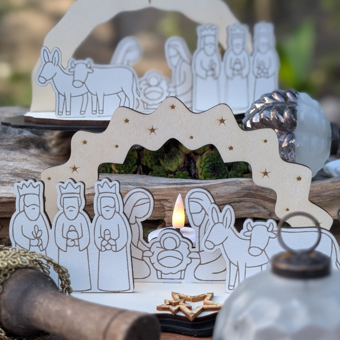 Krippe aus Holz mit Figuren zum stecken 3mm und 4mm Kulisse Minikrippe Teller für Krippe SVG Laser Datei Weihnachten Heilige Nacht – Bild 3