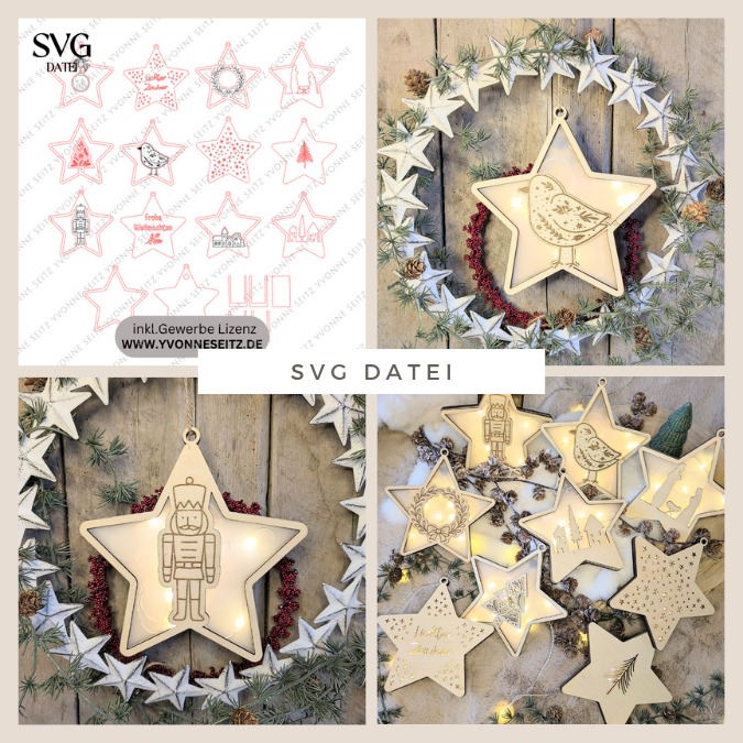 Lichtsterne Leuchtsterne 12 Designs Sterne zum beleuchten SVG Laser Datei Weihnachten Transparentpapier Leuchtdatei Weihnachtsdeko