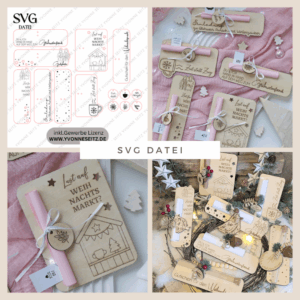 SVG Laserdatei 8 Designs Verpackung für Weihnachtsmarkt Gutscheine Weihnachten Geschenkidee Zeit statt Zeug Winter inkl Anhänger SVG Datei Einladung