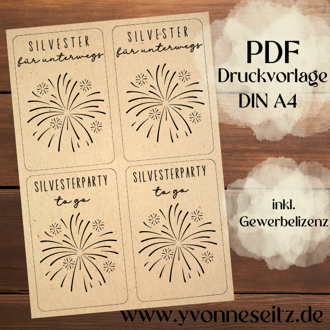 PRINT DRUCKVORLAGE PDF Verpackung Geschenkkarte 2 Designs in der Tüte Silvesterparty to go und Silvester für unterwegs Printable Silvester