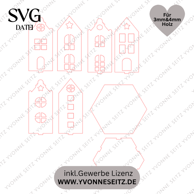 SVG Datei 3mm und 4mm Häuserkranz Laserdatei für LED Teelichter oder kleine Stumpen Winter Geschenkidee Deko Weihnachtsbaum Hyggelig Hygge – Bild 2