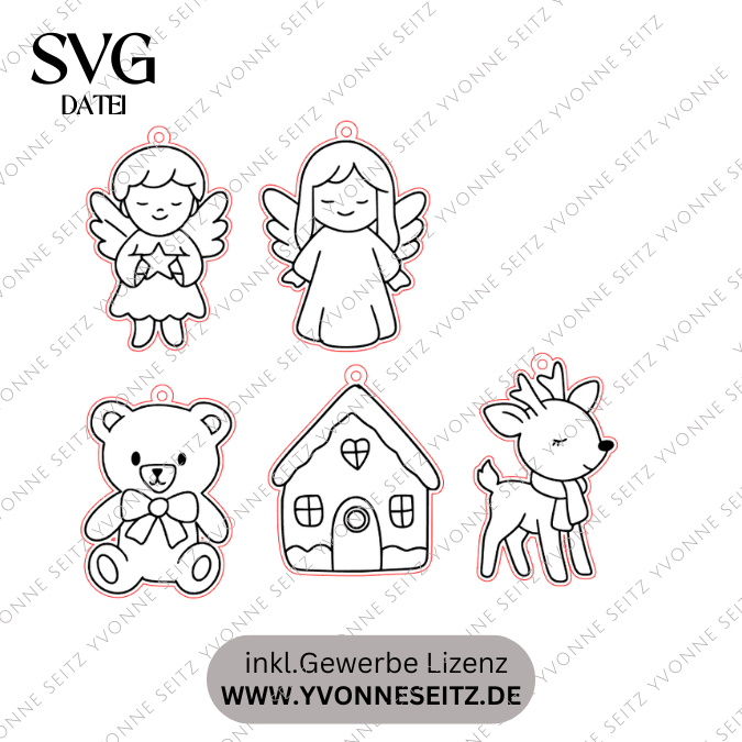 SVG Laserdatei 5 Designs Mini Anhänger Geschenkanhänger Weihnachten in der Tüte Christbaumschmuck kleine Mitbringsel SVG Datei Engel Rentier – Bild 2