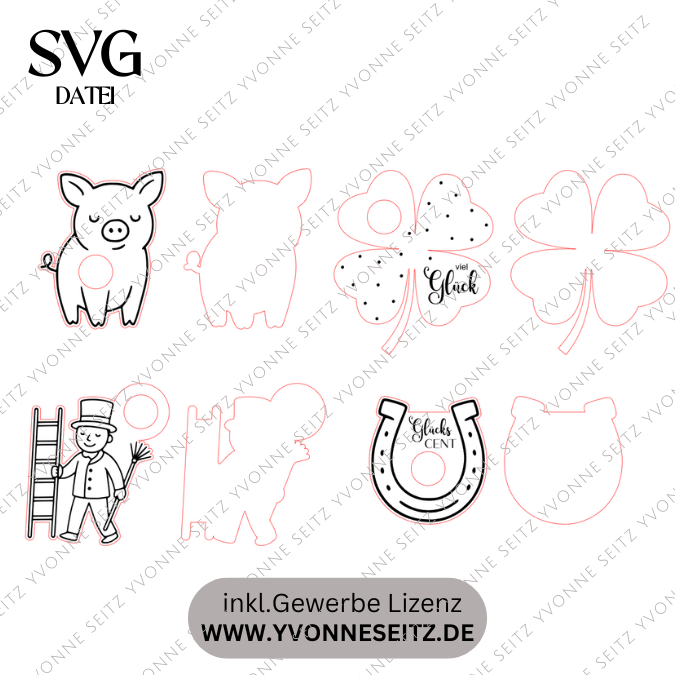 SVG Laserdatei Glückscent Halter für Centstücke 4 designs Glückspfennig Silvester Glück Glücksbringer Mitbringsel Silvester Neujahr Datei – Bild 2