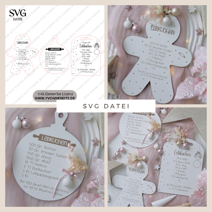 SVG Laserdatei 3 Designs Lebkuchenrezept Lebkuchen Brettchen Dekobrett Küchendeko Weihnachten kleines Mitbringsel SVG Datei Lebkuchenmann